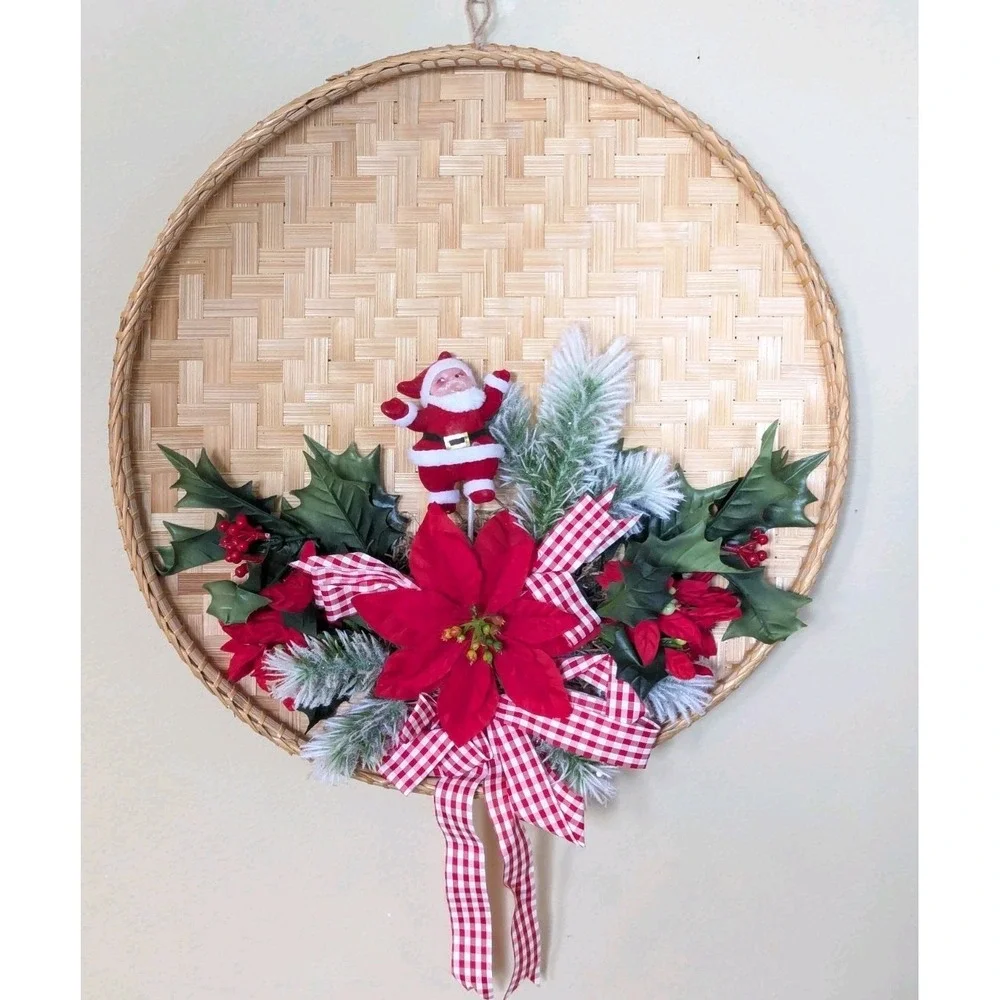 Vintage Flocked Chenille Santa Christmas Wreath Tray Poinsettia Wall Door Decor